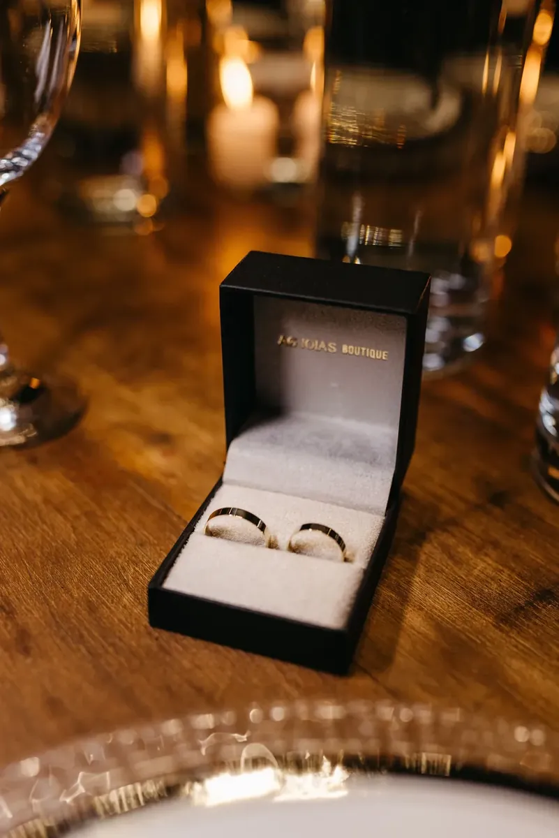 Hand-finished gold bands in a presentation box